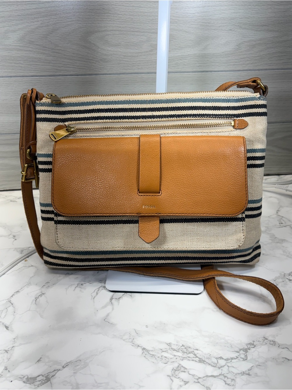 Fossil Beige Canvas Crossbody with Tan Leather Trim